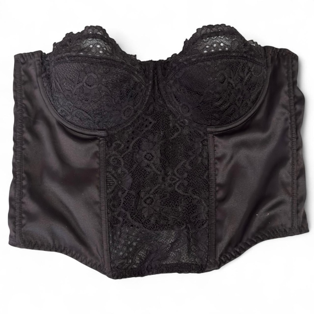 Sincerely Jules Black Satin and Lace Longline Bustier Bra Top